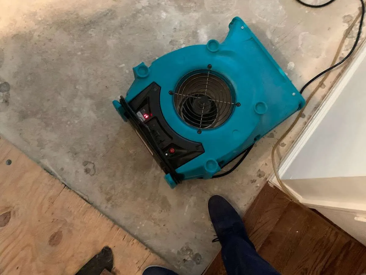 Air mover drying subfloor during Commercial Water Damage Restoration in Randolph